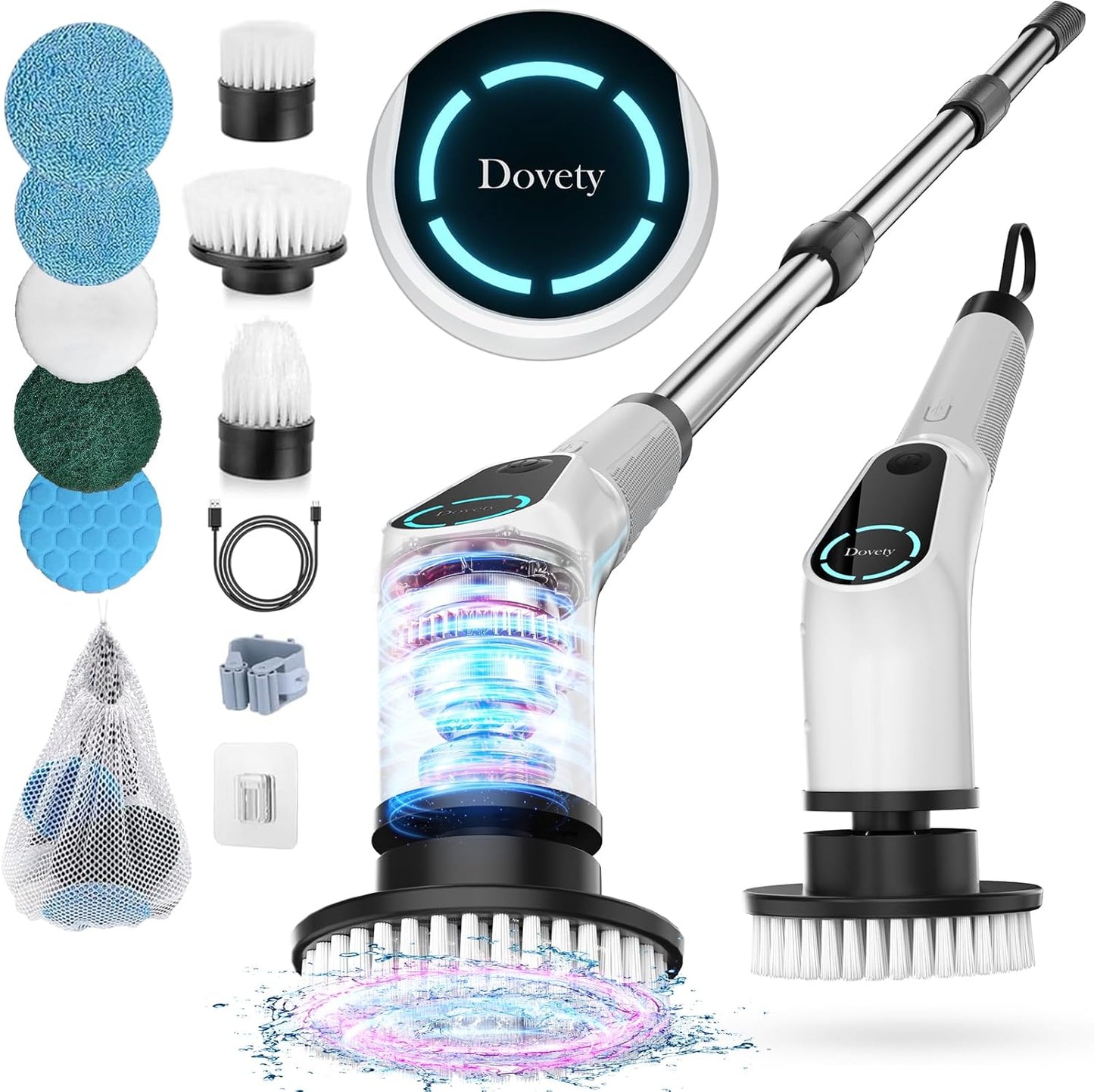 Premium Electric Spin Scrubber Cordless Power Cleaning System with 8 Interchangeable Brush Heads, Dual-Speed Motor, LCD Display and Adjustable Extension Handle IPX7 Waterproof for Deep Cleaning Bathroom, Tub, Tile, Grout, Floors and Walls