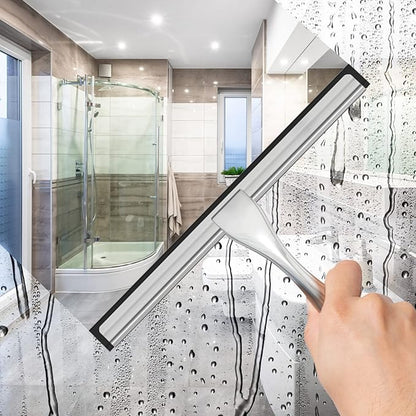 Stainless Steel Shower Squeegee 10 Inch Bathroom Glass Door Cleaner with 2 Adhesive Hooks, Bathroom Cleaner Tool Household Window Mirror Squeegee , Cleaning Tile Wall, Car, Color Silver