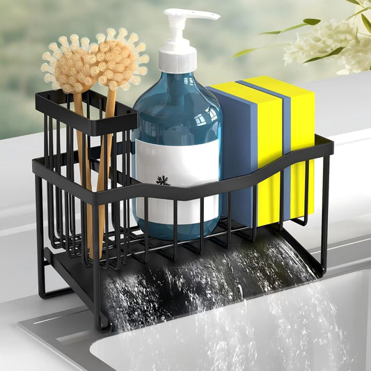 Kitchen Sink Caddy Sponge and Brush Holder with Rustproof Stainless Steel Self-Draining Tray, Sink Organizer for Sponge, Soap Dispenser and Cleaning Accessories.