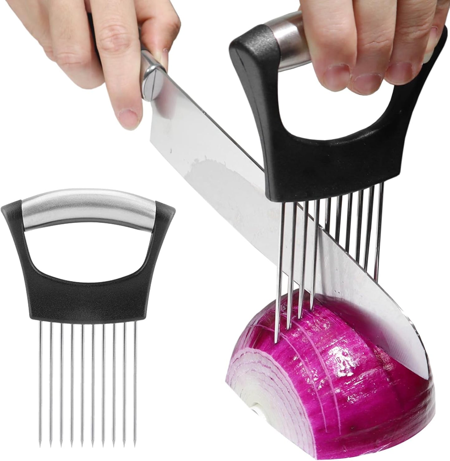 Onion Holder for Slicing-10 Stainless Steel Tomato Slicer Vegetable Cutter for Potato, Avocados, Eggs, Food Slicer Assistant Tool for Fruits Lemon and Meat Silver Color(3.7"L x 0.6"W x 5.6"H)