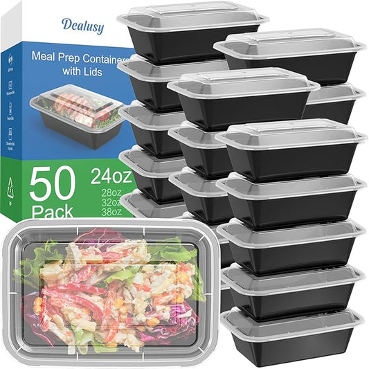 50 Pack (100-Piece) 24 oz Meal Prep Containers  with Lids, Reusable  Plastic Food Storage Boxex  Stackable  Leakproof & Food Safe, Microwave, Freezer, Dishwasher Safe Color Black 7.4"L x 5"W x 2"H