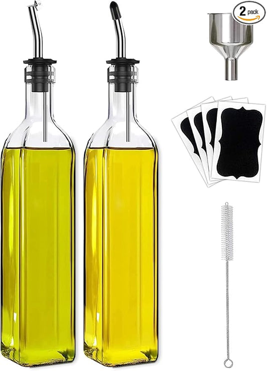 Olive Oil Dispenser Bottle, Set of 2, 500ml Glass  Olive Oil Dispenser and Vinegar Dispenser Stainless Steel Pourers, 4 Labels,1 Brush and 1 Funnel Oil Bottles for Kitchen ‎2"W x 12"H