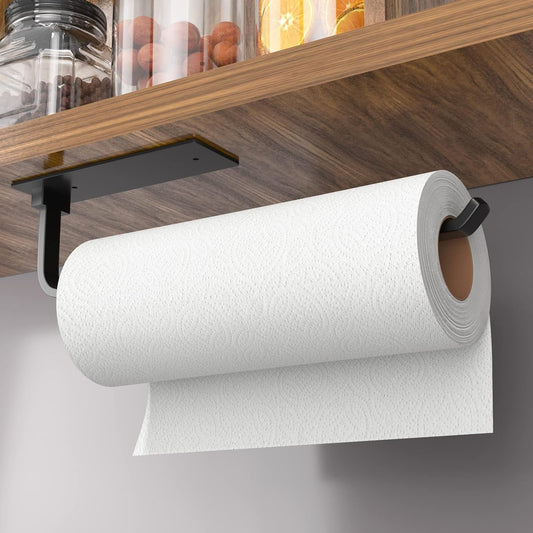 Paper Towel Holder -Self Adhesive or Drilling Paper Towel Rack for Kitchen, Matte Black Wall Mounted, Upgraded Aluminum Lighter but Stronger Than Stainless Steel. Kitchen Roll Dispenser Under Cabinet.