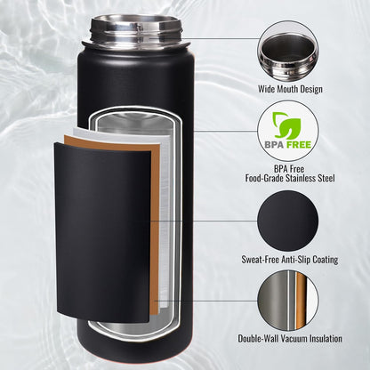 Insulated Stainless Steel Water Bottle with Handle Double Wall Vacuum Flask, Wide Mouth, BPA-Free, Keeps Drinks Hot or Cold Black (24 ounce)