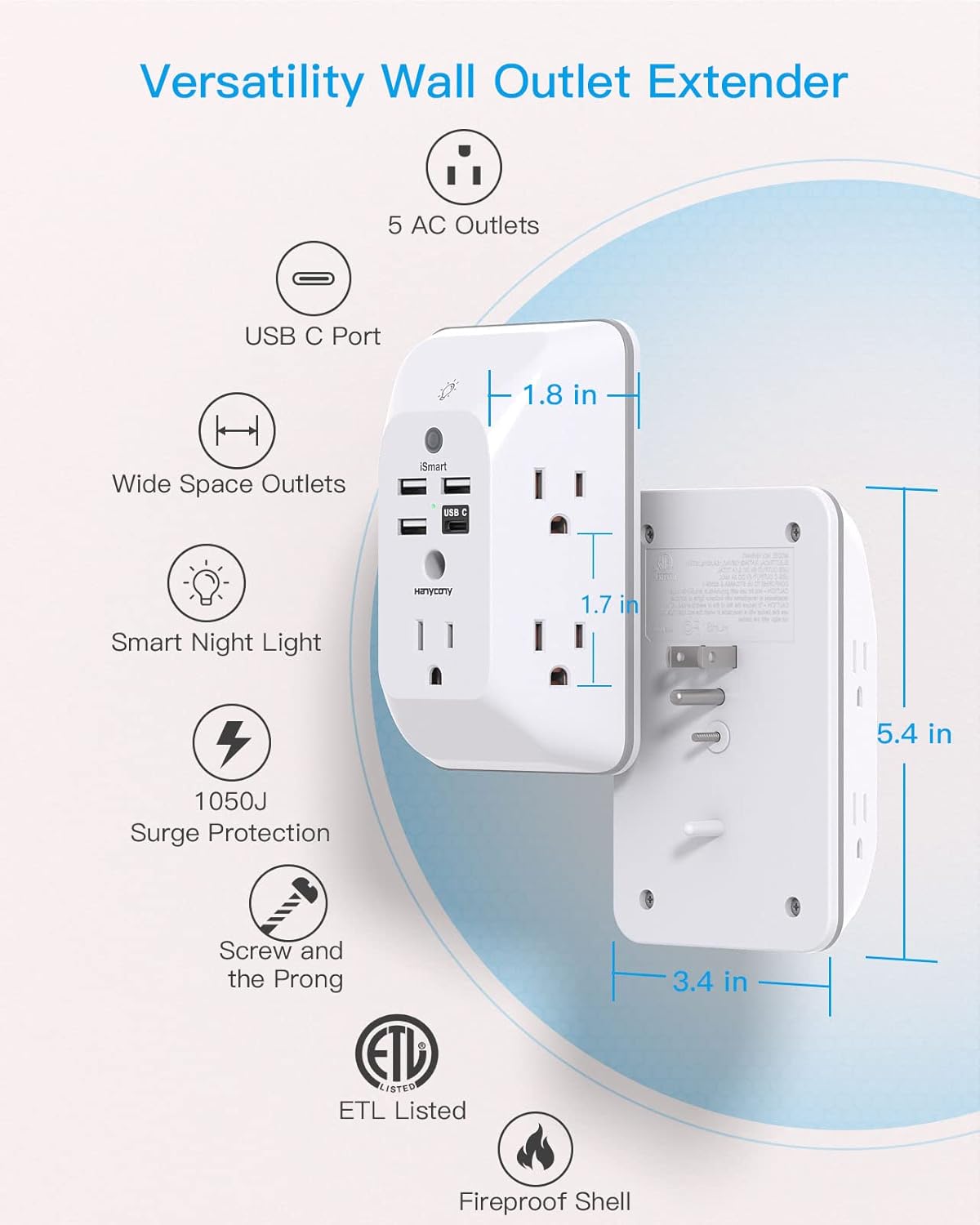 Outlet Extender with Night Light Multi Plug Wall Adapter with Surge Protection, 4 USB Ports (Including 1 USB-C), Power Strip Splitter for Home, Office, Dorm Room.