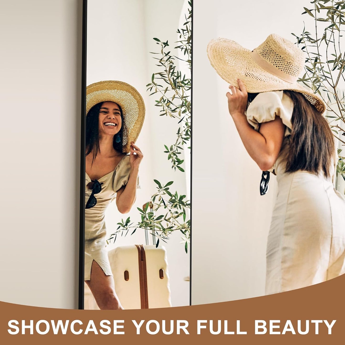 Full Length Wall Mirror with stand, 56”x15”, Standing Mirror Full Body, Aluminum Alloy Frame Full Body Mirror, Standing Hanging or Leaning Against Wall for Bedroom and Living Room (Black).