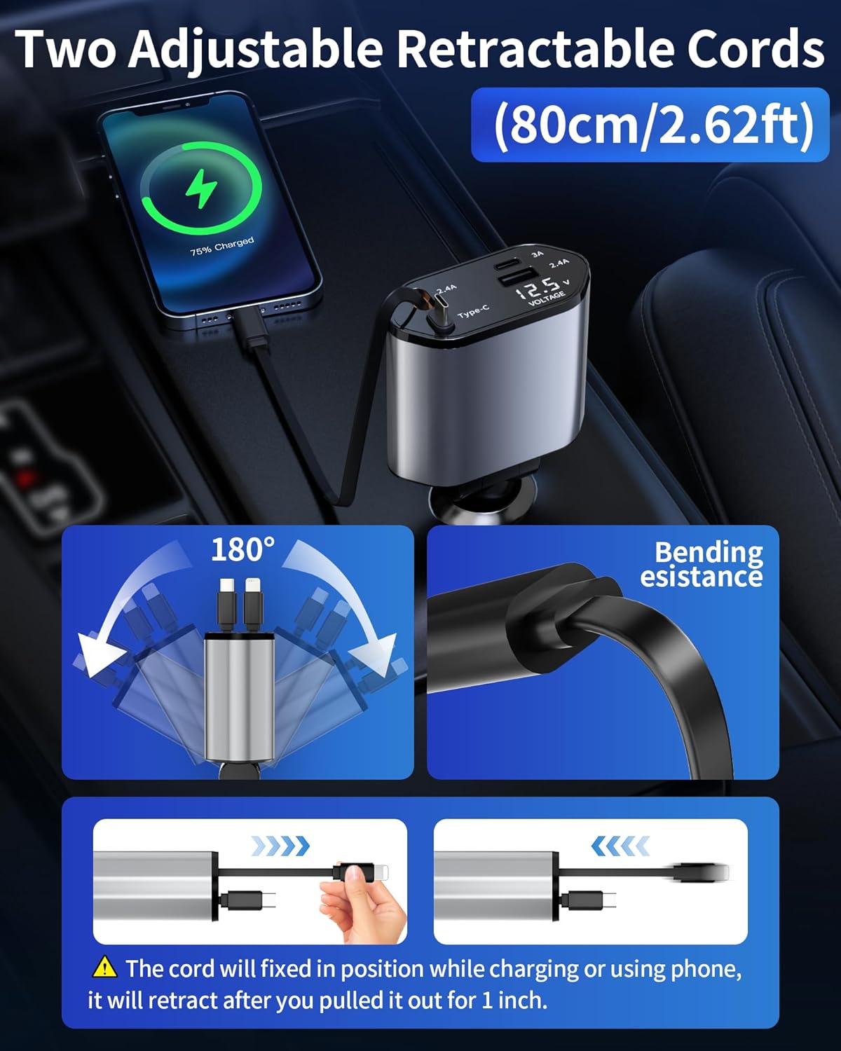 4-in-1 Retractable Fast Car Charger USB-C and USB-A Compatible with iPhone 16/15/14/13/12/11, Samsung Galaxy, Pixel, and More.