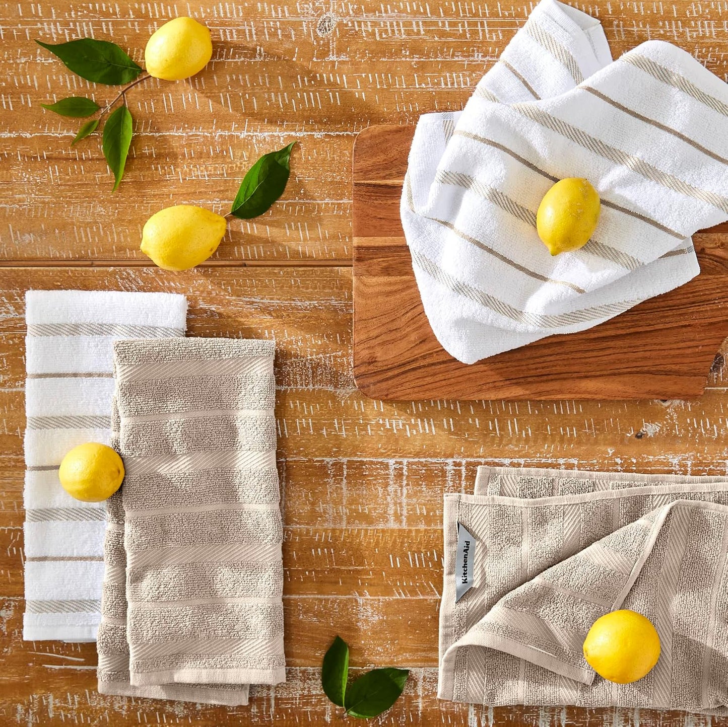 KitchenAid Albany Kitchen Towel Set of  4 Cleaning & Cooking, Durable Reusable Towels, Milkshake Tan/White, 16"x26"