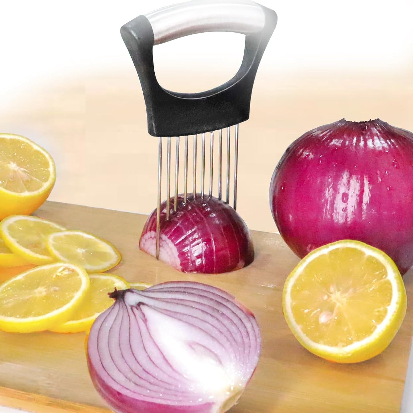 Onion Holder for Slicing-10 Stainless Steel Tomato Slicer Vegetable Cutter for Potato, Avocados, Eggs, Food Slicer Assistant Tool for Fruits Lemon and Meat Silver Color(3.7"L x 0.6"W x 5.6"H)