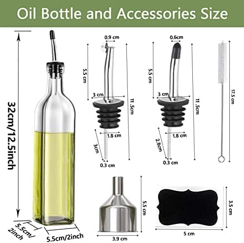 Olive Oil Dispenser Bottle, Set of 2, 500ml Glass  Olive Oil Dispenser and Vinegar Dispenser Stainless Steel Pourers, 4 Labels,1 Brush and 1 Funnel Oil Bottles for Kitchen ‎2"W x 12"H