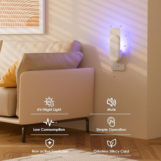 2-in-1 Indoor Flying Insect Trap with Plug-In Light, Includes 6 Glue Cards – Fruit Fly, Gnat, Mosquito & Moth Catcher for Home Use (White)