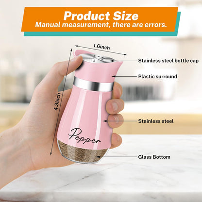 Salt and Pepper Shakers Set,4 oz Glass Bottom Spice Shaker with Stainless Steel Lids Refillable Seasoning Jars for Kitchen Cooking Table Color Pink 2.5"L x 5"W x 4.8"H