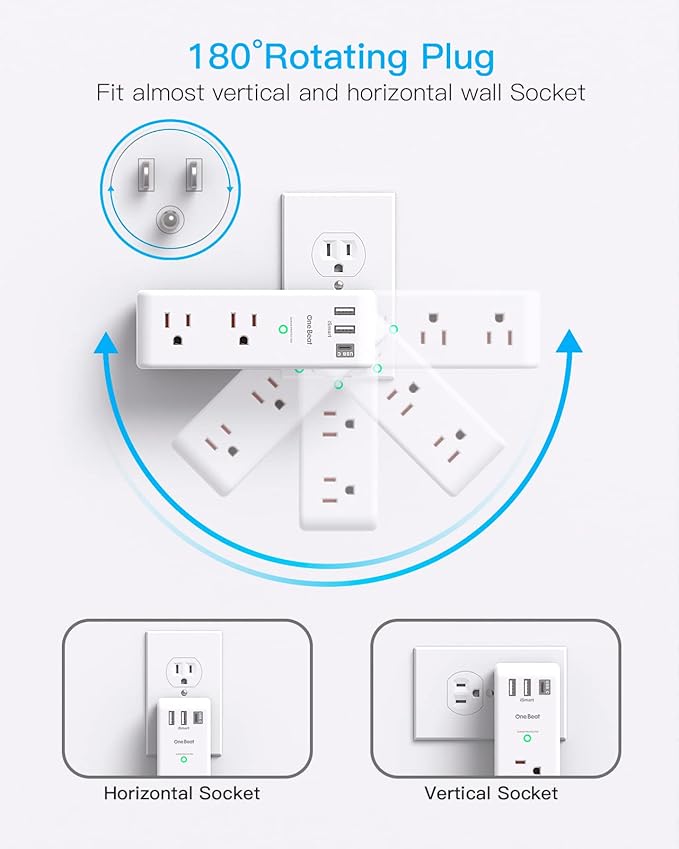 One Beat Surge Protector Outlet Extender - One Beat 6 AC Multi Plug Outlet with 3 USB Ports (1 USB C), 1800J Wall Charger, 3-Sided Power Strip Spaced Outlet Splitter for Home Office  & Travel Color ‎White 6.3 x 2.76 x 2.17 inches