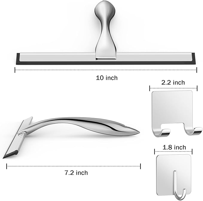 Stainless Steel Shower Squeegee 10 Inch Bathroom Glass Door Cleaner with 2 Adhesive Hooks, Bathroom Cleaner Tool Household Window Mirror Squeegee , Cleaning Tile Wall, Car, Color Silver