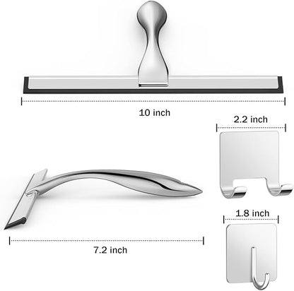 Stainless Steel Shower Squeegee 10 Inch Bathroom Glass Door Cleaner with 2 Adhesive Hooks, Bathroom Cleaner Tool Household Window Mirror Squeegee , Cleaning Tile Wall, Car, Color Silver