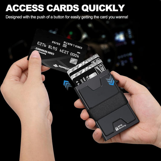 Black Compact and Secure Aluminum Wallet for Men RFID Blocking, Expandable Backplate, Holds 12Plus Cards and Cash Minimalist Pop-Up Design.
