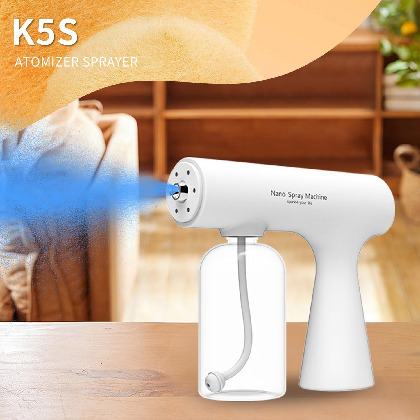 Wireless Handheld Nano Spray Gun Rechargeable Electrostatic ULV Atomizer with Blue Light, Portable Nano Mist Sprayer for Disinfection, Plant Care & Household Use (K5S)
