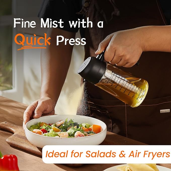 Glass Olive Oil Sprayer Bottle for Cooking – 2 in 1 Olive Oil Dispenser  and Kitchen Gadgets for Air Fryer Accessories, Salad,  Frying BBQ  Black 16oz/470ml