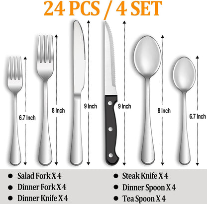 Silverware Set with Steak Knives Stainless Steel Flatware for 4, Mirror Polished Cutlery Set with Forks, Spoons and Knives Dishwasher Safe Tableware for Home and Kitchen(24-Pieces).