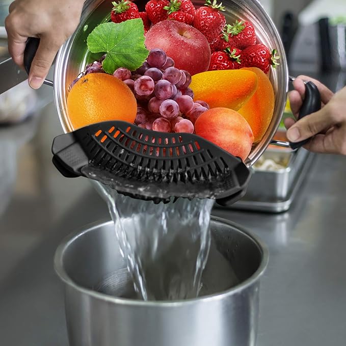 Clip On Strainer Silicone for All Pots and Pans, Pasta Strainer Clip on Food Strainer for Meat Vegetables Fruit-Silicone Drainer Kitchen Colander Color Black