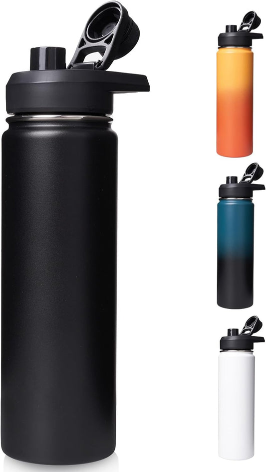 Insulated Stainless Steel Water Bottle with Handle Double Wall Vacuum Flask, Wide Mouth, BPA-Free, Keeps Drinks Hot or Cold Black (24 ounce)