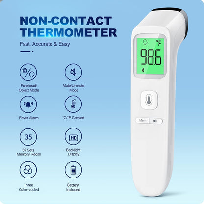 No-Touch Thermometer for Adults and Kids, Fast Accurate Digital Thermometer with Fever Alarm & Silent Mode, 2 in 1 Forehead & Object Measurement, Easy-to-use, Kids and Elderly,1-Second Results,