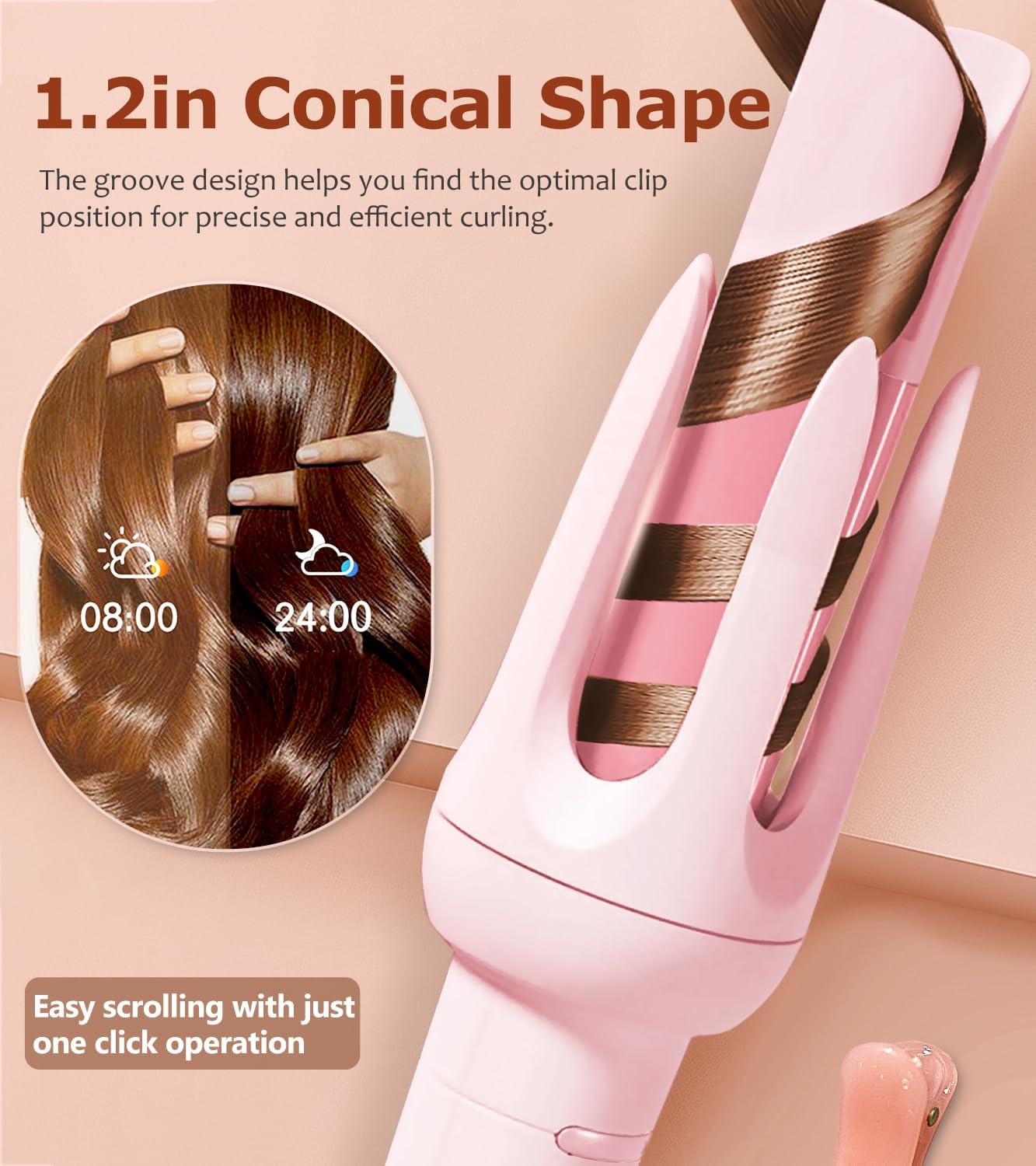 Automatic Hair Curler,  Auto-Rotating Curling Iron with 4 Heat Settings and 3 Timer Modes, Anti-Tangle, Anti-Scald, Auto Shut-Off, Damage-Free Styling Tool for Medium to Long Hair (Pink)