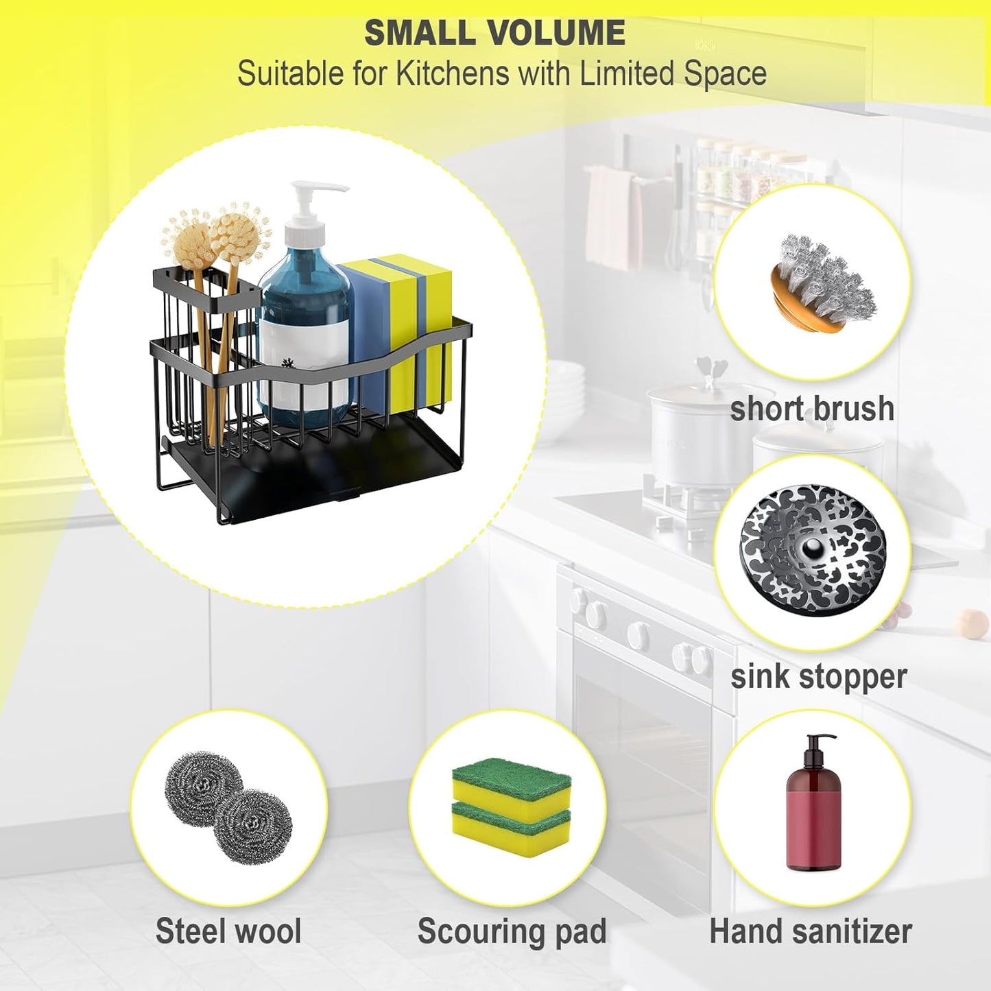 Kitchen Sink Caddy Sponge and Brush Holder with Rustproof Stainless Steel Self-Draining Tray, Sink Organizer for Sponge, Soap Dispenser and Cleaning Accessories.