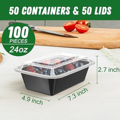 50 Pack (100-Piece) 24 oz Meal Prep Containers  with Lids, Reusable  Plastic Food Storage Boxex  Stackable  Leakproof & Food Safe, Microwave, Freezer, Dishwasher Safe Color Black 7.4"L x 5"W x 2"H