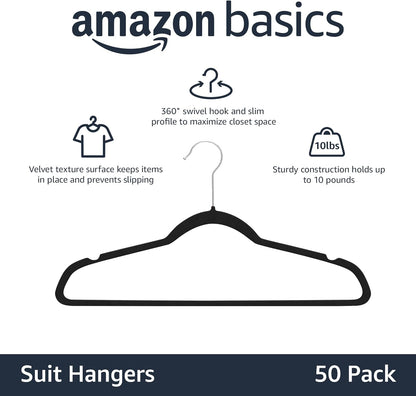 Better Homes & Gardens  Slim, Velvet, Non-Slip Suit Clothes Hangers, Pack of 50, BlackBlack for Shirts Blouses Pants Men's Suits Dress Shirts 8.8"W x 17.3"H