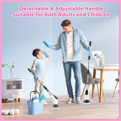 Premium Electric Spin Scrubber Cordless Power Cleaning System with 8 Interchangeable Brush Heads, Dual-Speed Motor, LCD Display and Adjustable Extension Handle IPX7 Waterproof for Deep Cleaning Bathroom, Tub, Tile, Grout, Floors and Walls