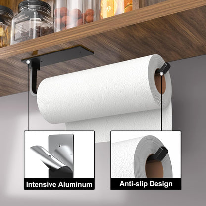 Paper Towel Holder -Self Adhesive or Drilling Paper Towel Rack for Kitchen, Matte Black Wall Mounted, Upgraded Aluminum Lighter but Stronger Than Stainless Steel. Kitchen Roll Dispenser Under Cabinet.