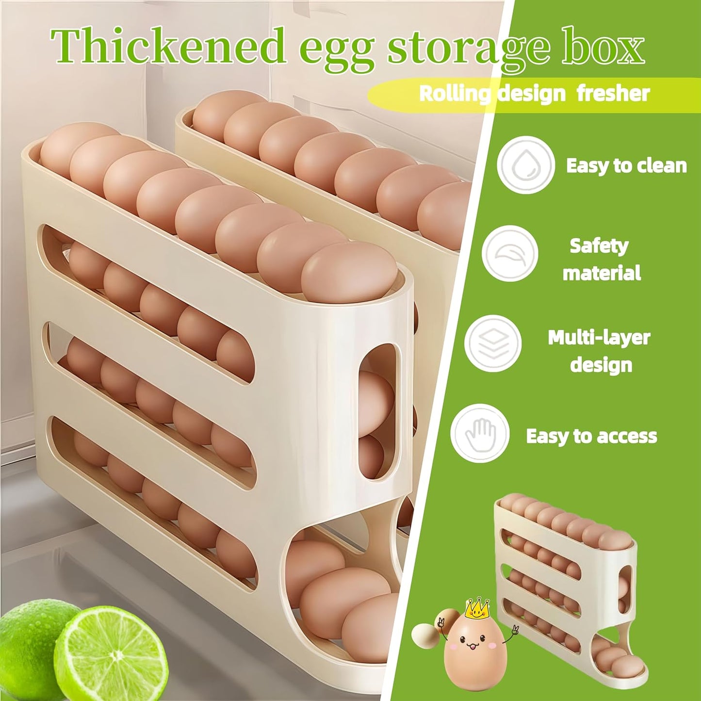 Automatic Egg Holder for Fridge- Space-Saving Automatic Rolling Eggs Dispenser, 4 Tiers Refrigerator  Egg Rack Holds up to 30 pcs Yellow Color (1 Count ‎12.99"D x 3.14"W x 7"H)