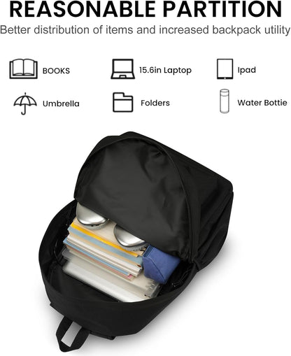 Casual Laptop Backpack for Men and Women Lightweight 15.6 inches Travel, Work and School Bag for Boys and Girls College Bookbag, Black