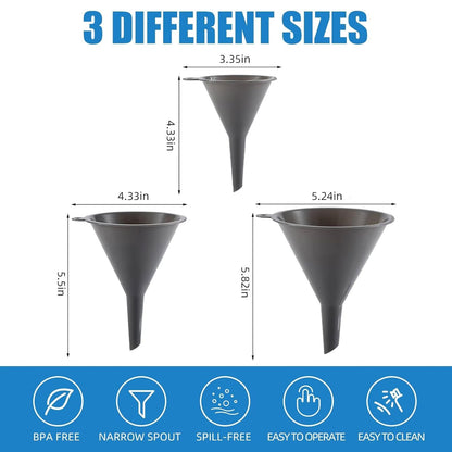 Plastic Kitchen Funnel Set of 3, Durable Round  Funnels for  Bottles, high-quality PP plastic material, Cooking Lab Use, Gray 4.4"x5.8"