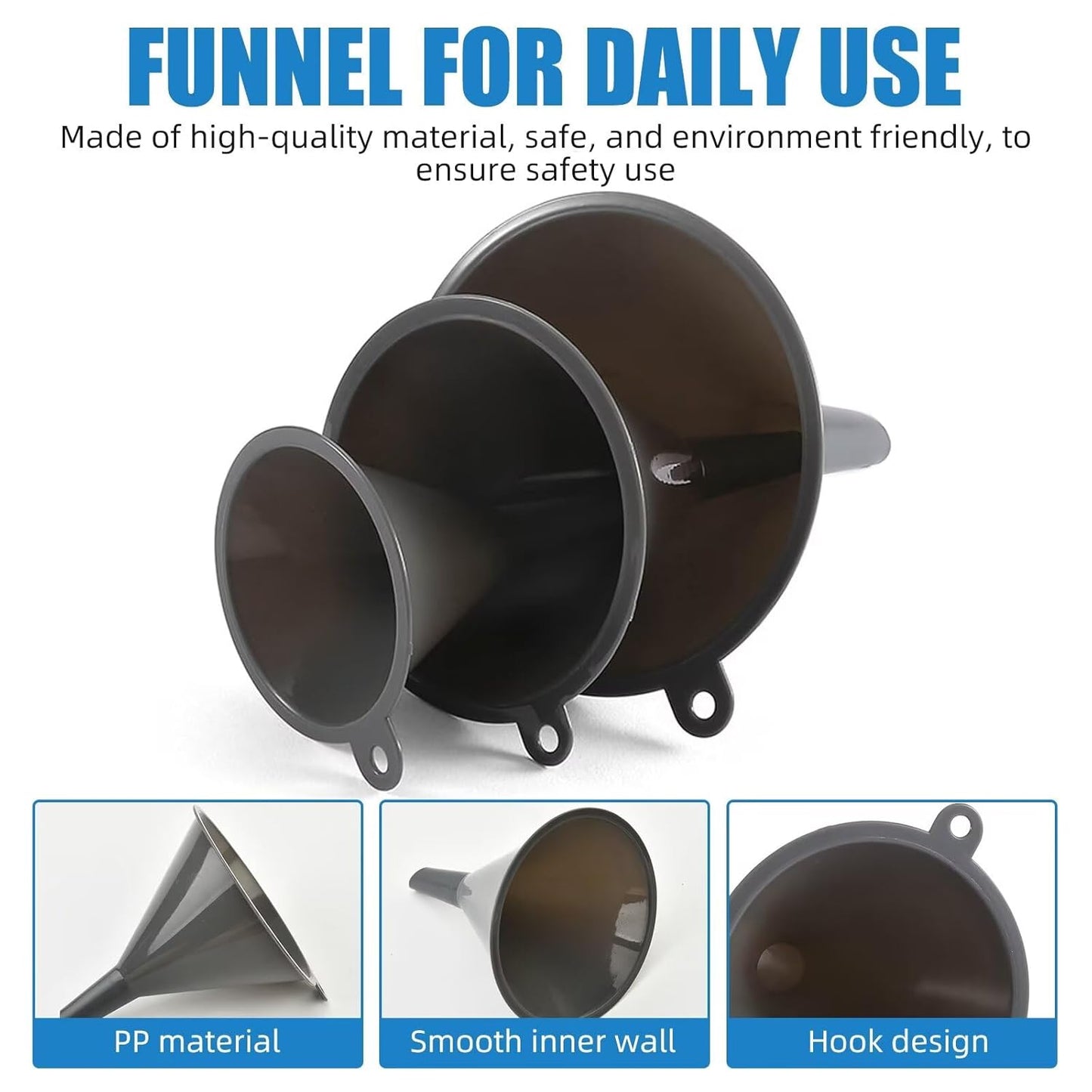 Plastic Kitchen Funnel Set of 3, Durable Round  Funnels for  Bottles, high-quality PP plastic material, Cooking Lab Use, Gray 4.4"x5.8"