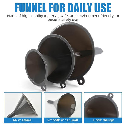 Plastic Kitchen Funnel Set of 3, Durable Round  Funnels for  Bottles, high-quality PP plastic material, Cooking Lab Use, Gray 4.4"x5.8"