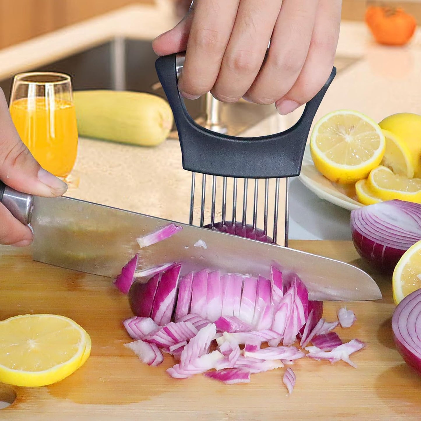 Onion Holder for Slicing-10 Stainless Steel Tomato Slicer Vegetable Cutter for Potato, Avocados, Eggs, Food Slicer Assistant Tool for Fruits Lemon and Meat Silver Color(3.7"L x 0.6"W x 5.6"H)