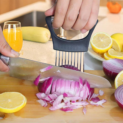 Onion Holder for Slicing-10 Stainless Steel Tomato Slicer Vegetable Cutter for Potato, Avocados, Eggs, Food Slicer Assistant Tool for Fruits Lemon and Meat Silver Color(3.7"L x 0.6"W x 5.6"H)