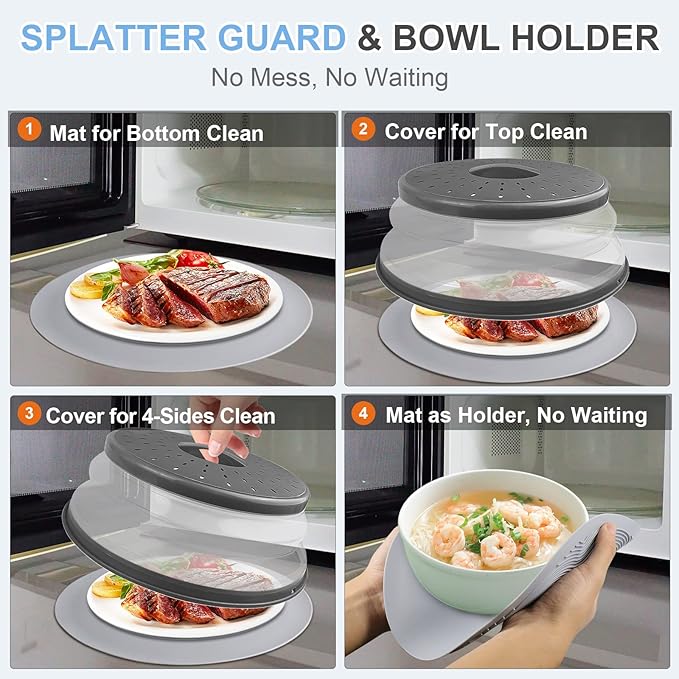 Microwave Food Cover with Collapsible Silicone Mat - Splatter Guard, Plate Holder, Strainer & Kitchen Colander for Cooking Meal Prep,  Plastic Charcoal 10 Inch