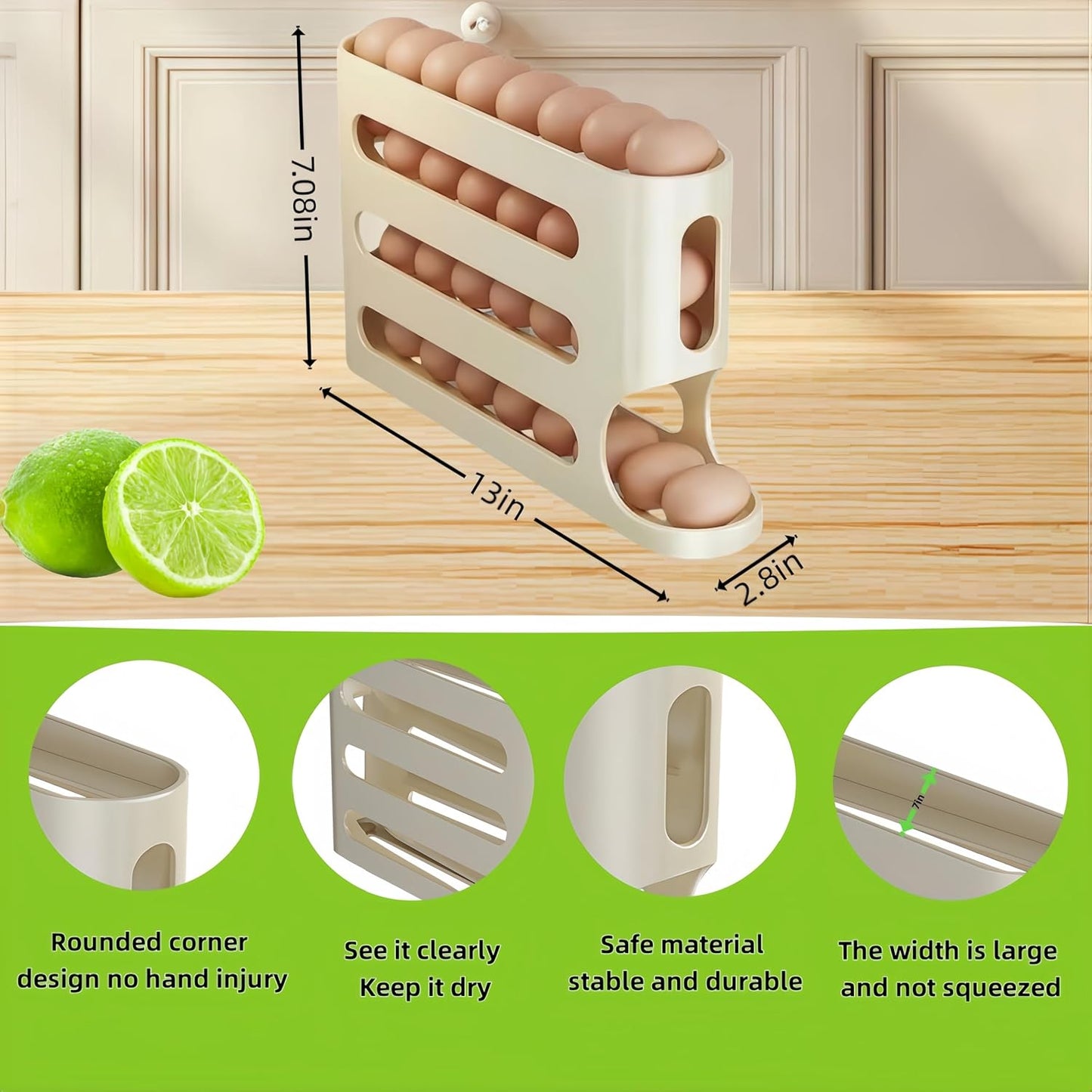 Automatic Egg Holder for Fridge- Space-Saving Automatic Rolling Eggs Dispenser, 4 Tiers Refrigerator  Egg Rack Holds up to 30 pcs Yellow Color (1 Count ‎12.99"D x 3.14"W x 7"H)