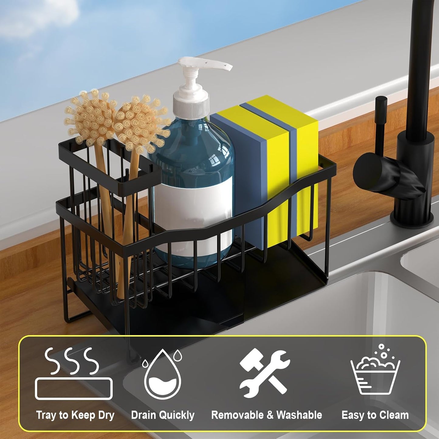 Kitchen Sink Caddy Sponge and Brush Holder with Rustproof Stainless Steel Self-Draining Tray, Sink Organizer for Sponge, Soap Dispenser and Cleaning Accessories.