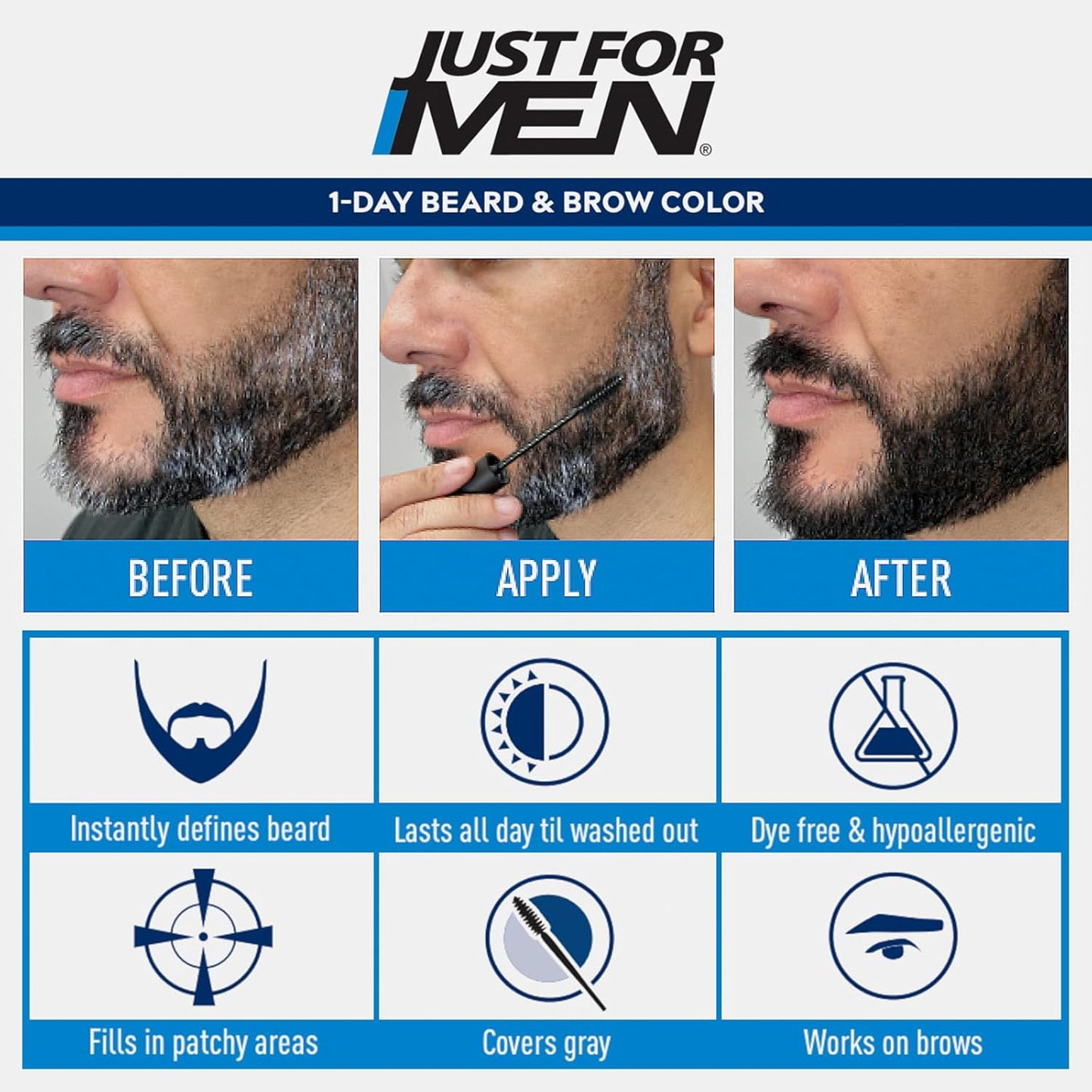 1-Day Beard & Brow Color for Men – Temporary Beard Dye, Gray Coverage, Patchy Beard Filler, Eyebrow Color, Natural-Looking Grooming Solution