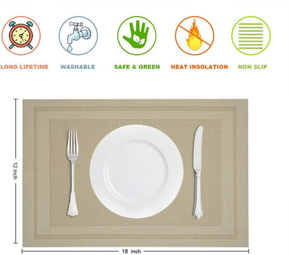 Placemats Set of 4, Heat and Stain Resistant Indoor/Outdoor Place mats, Non-Slip Washable Polyvinyl Chloride Table Mat, Easy to Clean Premium Plastic Mats for Dining table, Kitchen Table (12 x 18 inches).