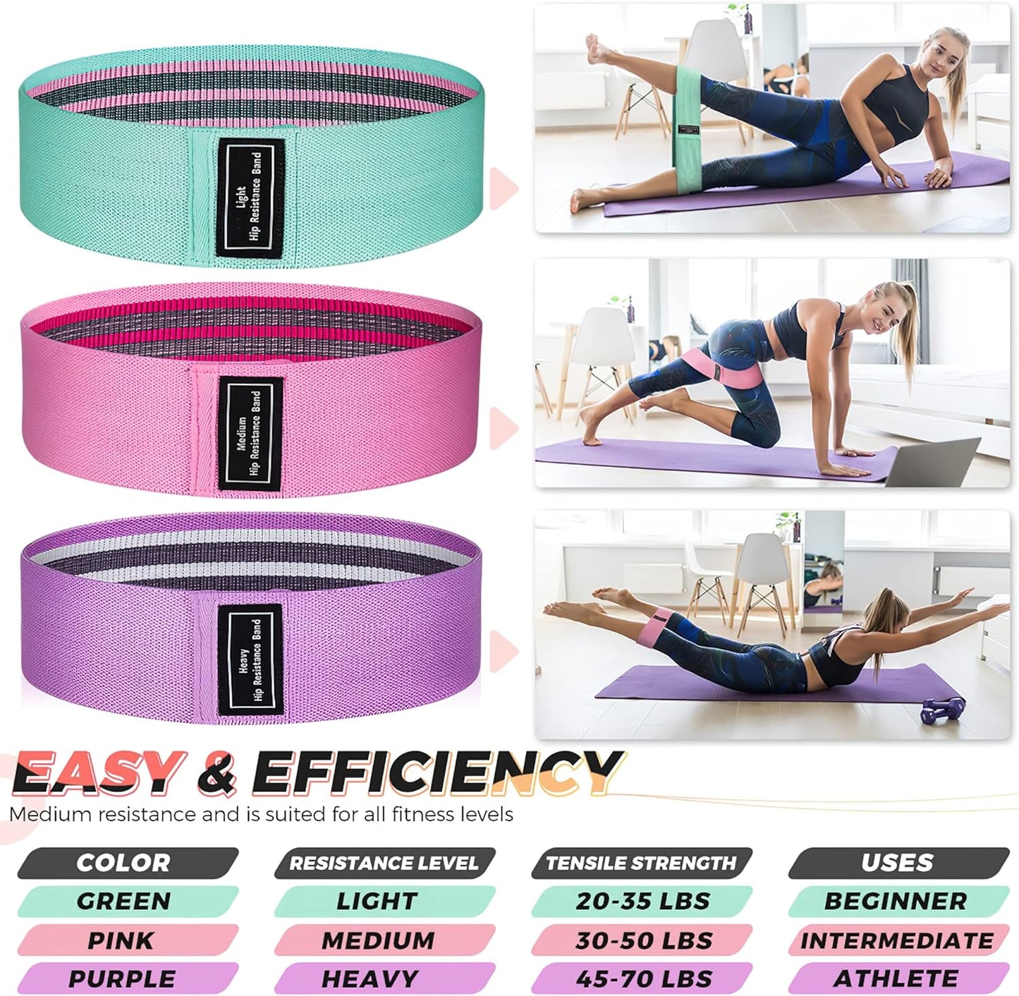 Resistance Loop Exercise Bands for Home Fitness, Yoga Starter Sets for Men, Woman and Beginners , Stretching, Strength Training, Physical Therapy,Pilates, 3 Set of Stretch Exercise Workout Bands for Booty Legs