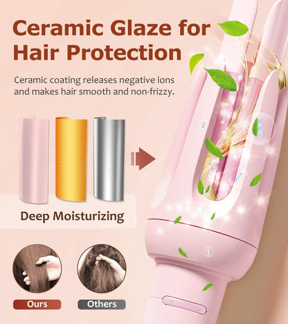 Automatic Hair Curler,  Auto-Rotating Curling Iron with 4 Heat Settings and 3 Timer Modes, Anti-Tangle, Anti-Scald, Auto Shut-Off, Damage-Free Styling Tool for Medium to Long Hair (Pink)