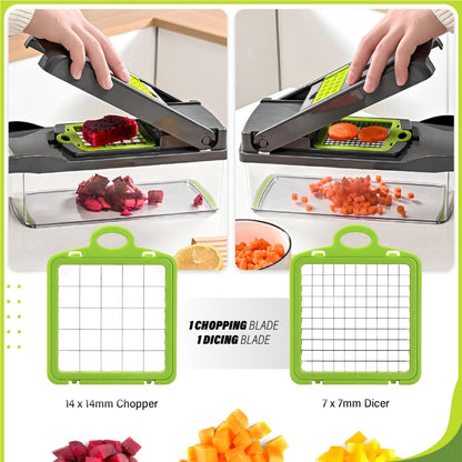 Vegetable Chopper 14-in-1 – Professional Food Chopper, Dicer, Cutter and Mandoline Slicer with Container Ultra-Sharp, Military-Grade, Rust-Proof Blades,  Non-Toxic, Chemical-Free Kitchen Gadget