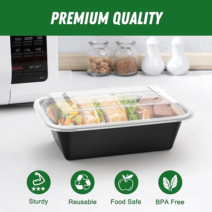 50 Pack (100-Piece) 24 oz Meal Prep Containers  with Lids, Reusable  Plastic Food Storage Boxex  Stackable  Leakproof & Food Safe, Microwave, Freezer, Dishwasher Safe Color Black 7.4"L x 5"W x 2"H