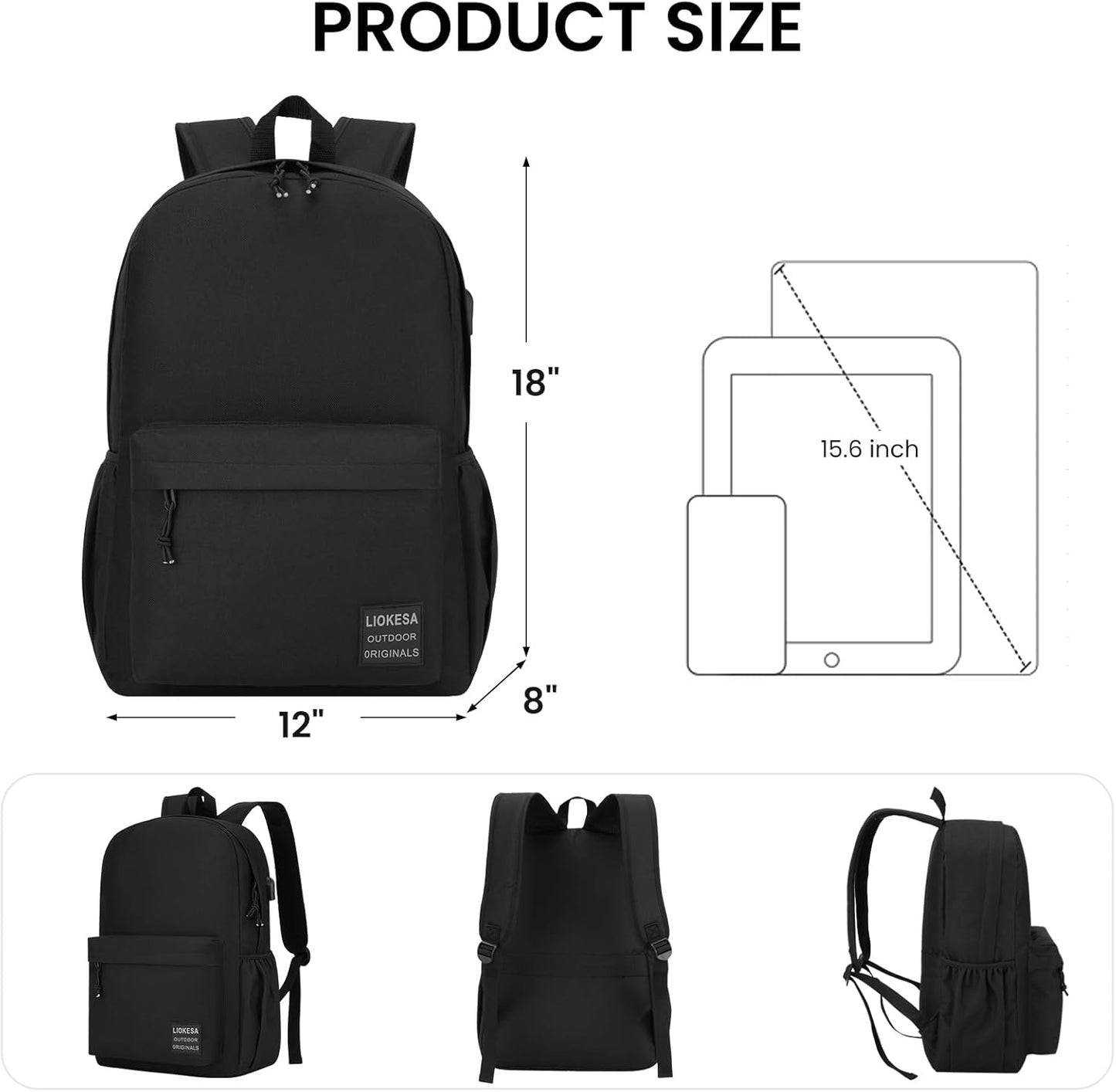 Casual Laptop Backpack for Men and Women Lightweight 15.6 inches Travel, Work and School Bag for Boys and Girls College Bookbag, Black