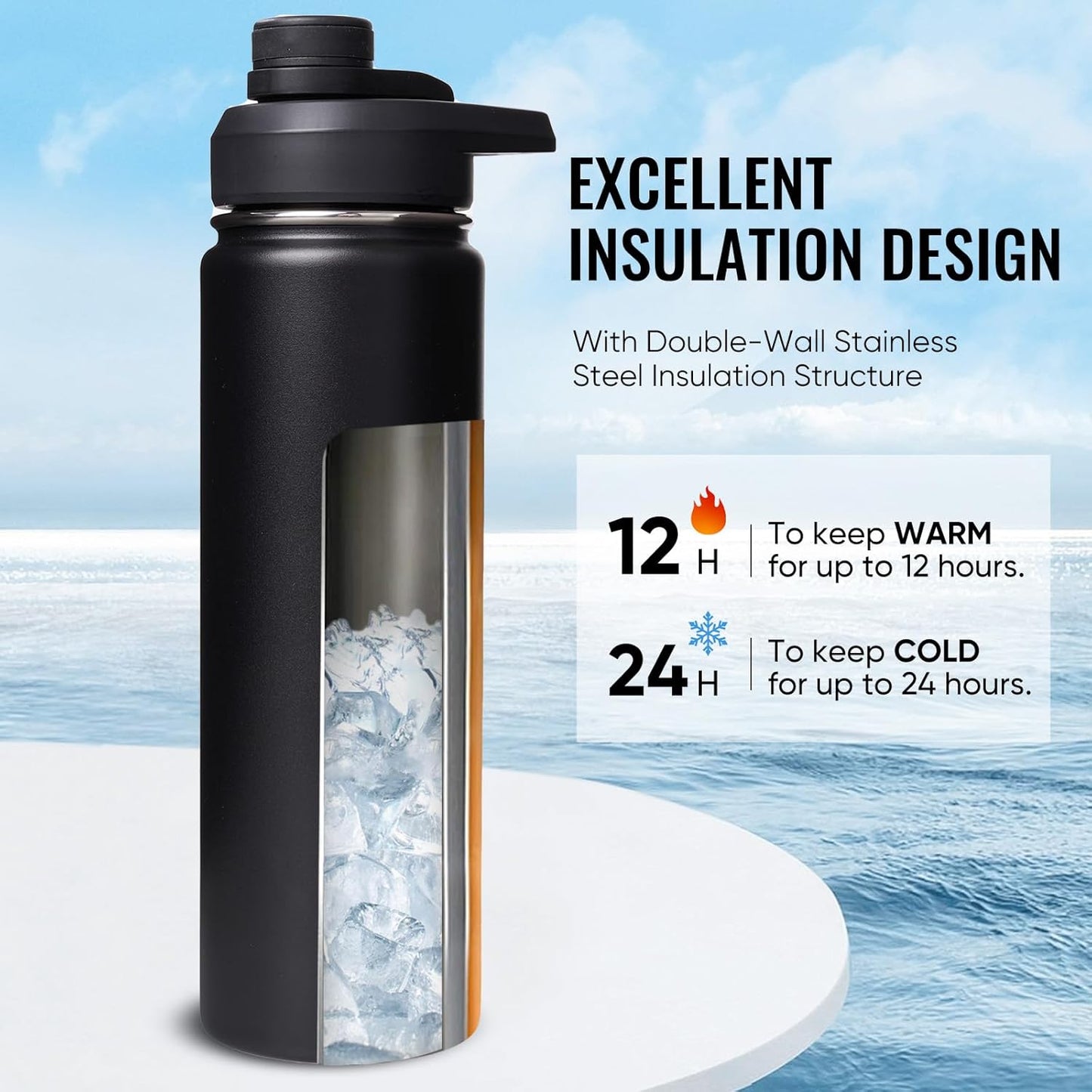 Insulated Stainless Steel Water Bottle with Handle Double Wall Vacuum Flask, Wide Mouth, BPA-Free, Keeps Drinks Hot or Cold Black (24 ounce)